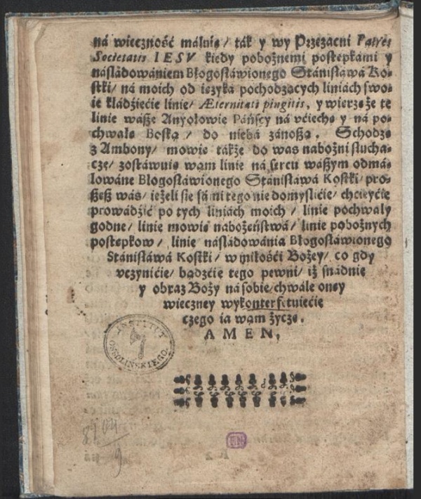 Strona z finalikiem z publikacji Obraz z błogosławionego Stanisława Kostki