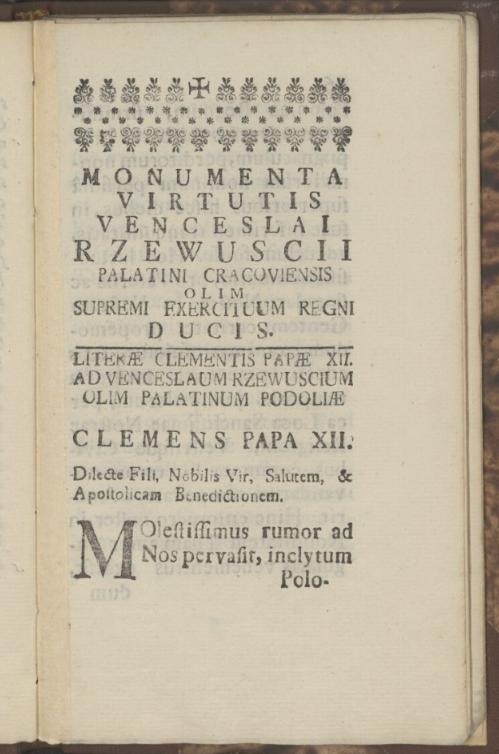 Przykładowa karta z publikacji Monumenta Virtutis Venceslai Rzewuscii Palatini