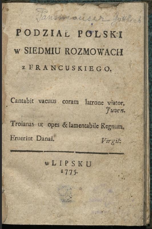 Strona tytułowa książki &quot;Podział Polski: w Siedmiu Rozmowach&quot;