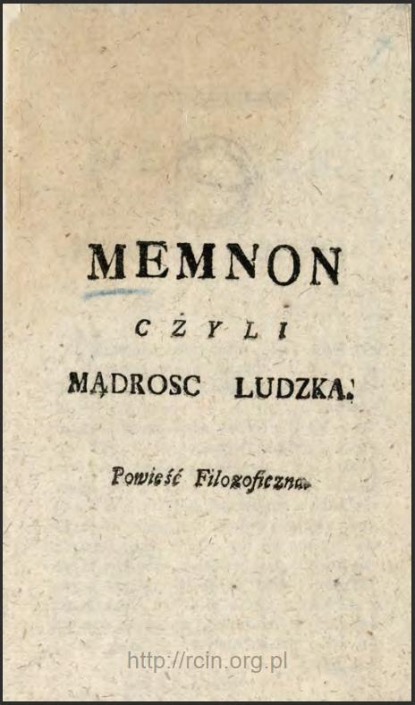 Strona tytułowa książki &quot;Memnon Czyli Mądrosc Ludzka: Powieść Filozoficzna&quot;