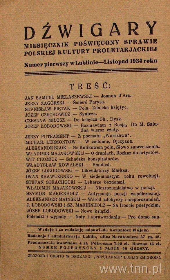 Strona z czasopisma "Dźwigary : miesięcznik poświęcony sprawie polskiej kultury proletarjackiej" 1934, nr 1